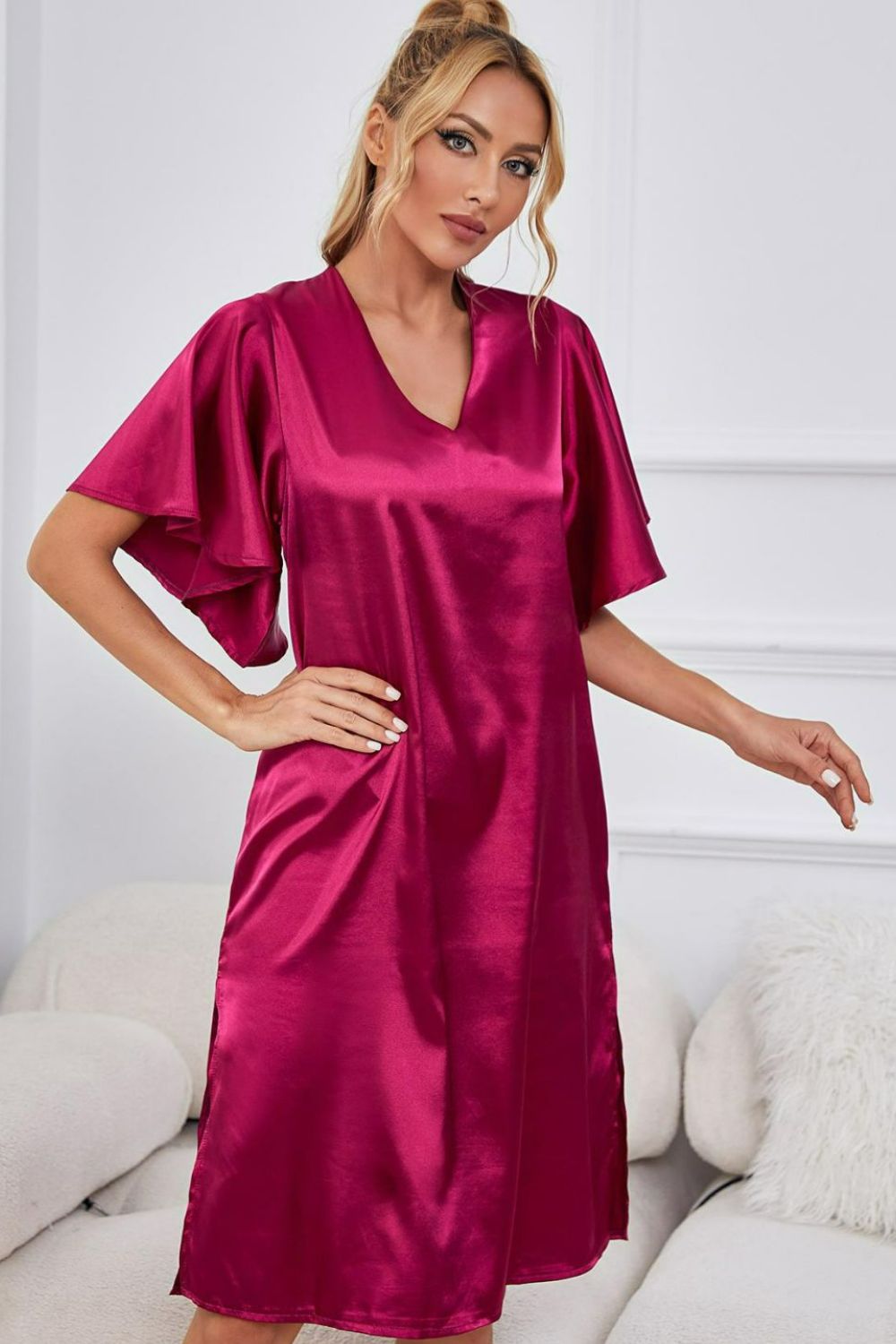 Women’s Satin Flutter Sleeve Side Slit V-Neck Night Dress