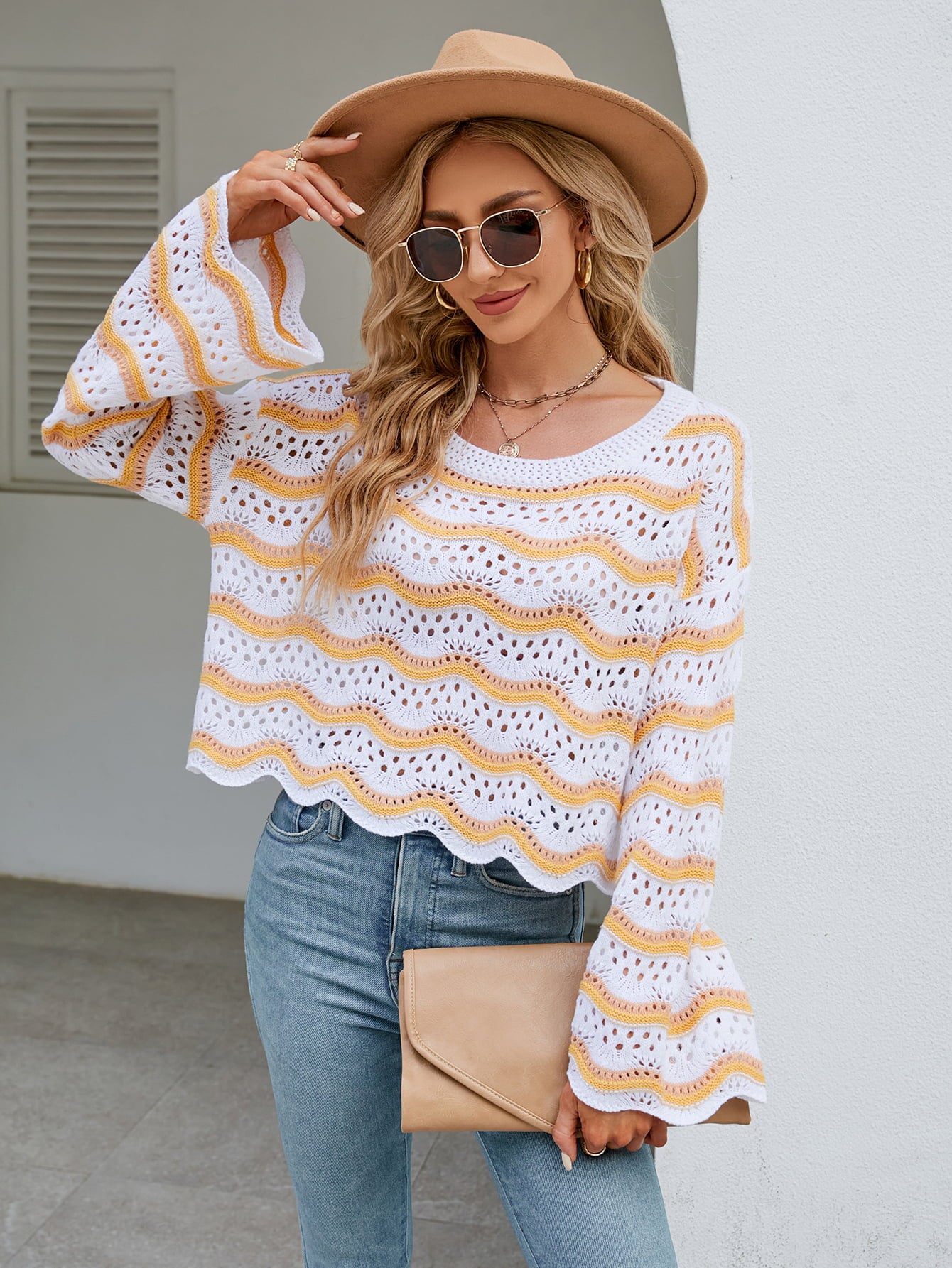 Women’s Round Neck Openwork Flare Sleeve Knit Top