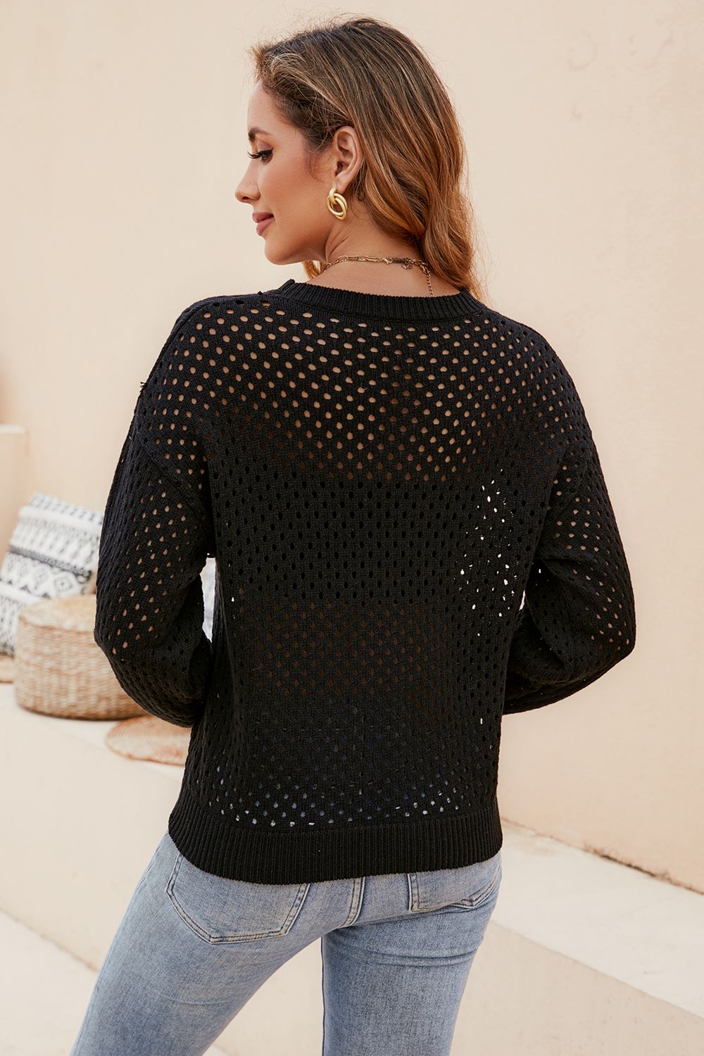 Women’s Round Neck Openwork Dropped Shoulder Knit Top