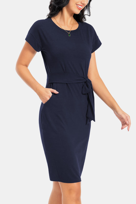 Women’s Tie Front Round Neck Short Sleeve Dress