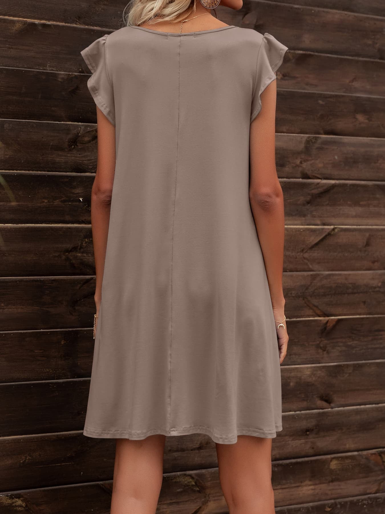 Women’s Round Neck Flutter Sleeve Dress with Pockets