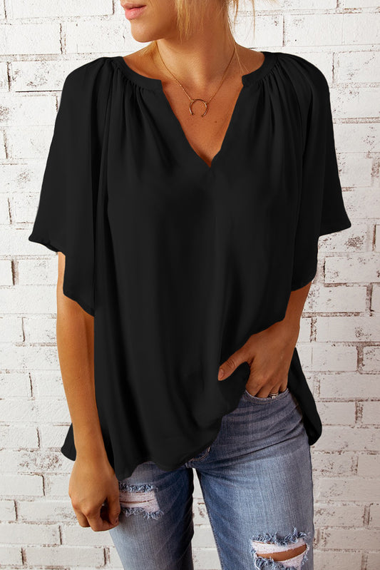 Women’s Gathered Detail Notched Neck Flutter Sleeve Top