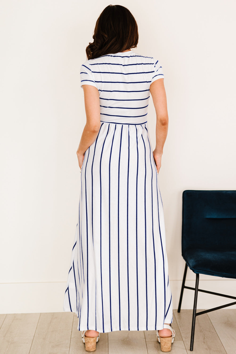 Women’s Striped Short Sleeve Crewneck Maxi Dress