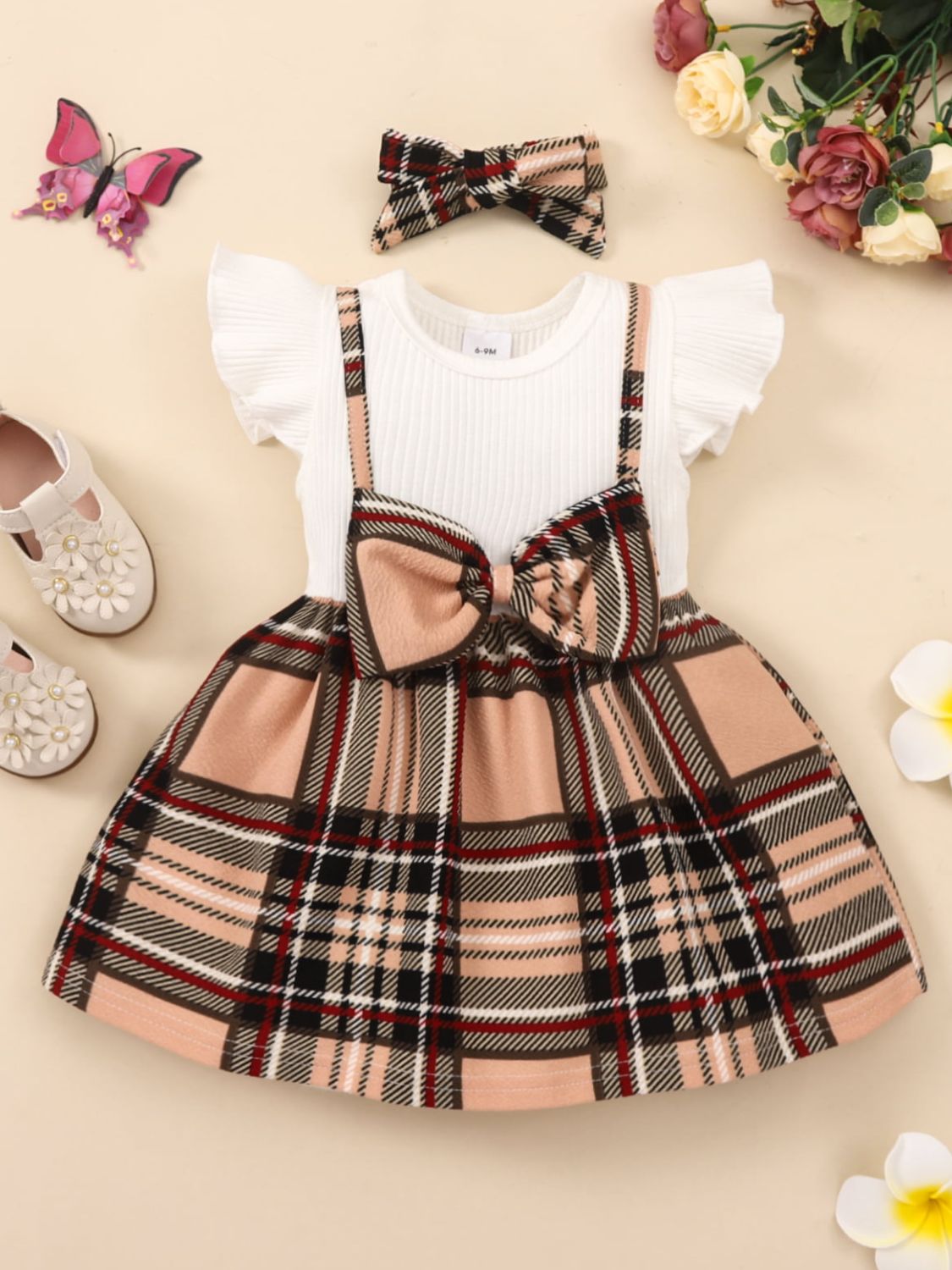 Children’s Girls Plaid Bow Detail Ribbed Dress
