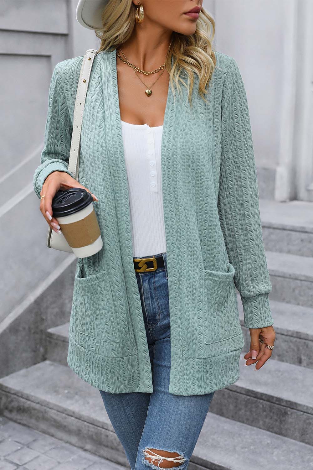 Women’s Cable-Knit Long Sleeve Cardigan with Pocket