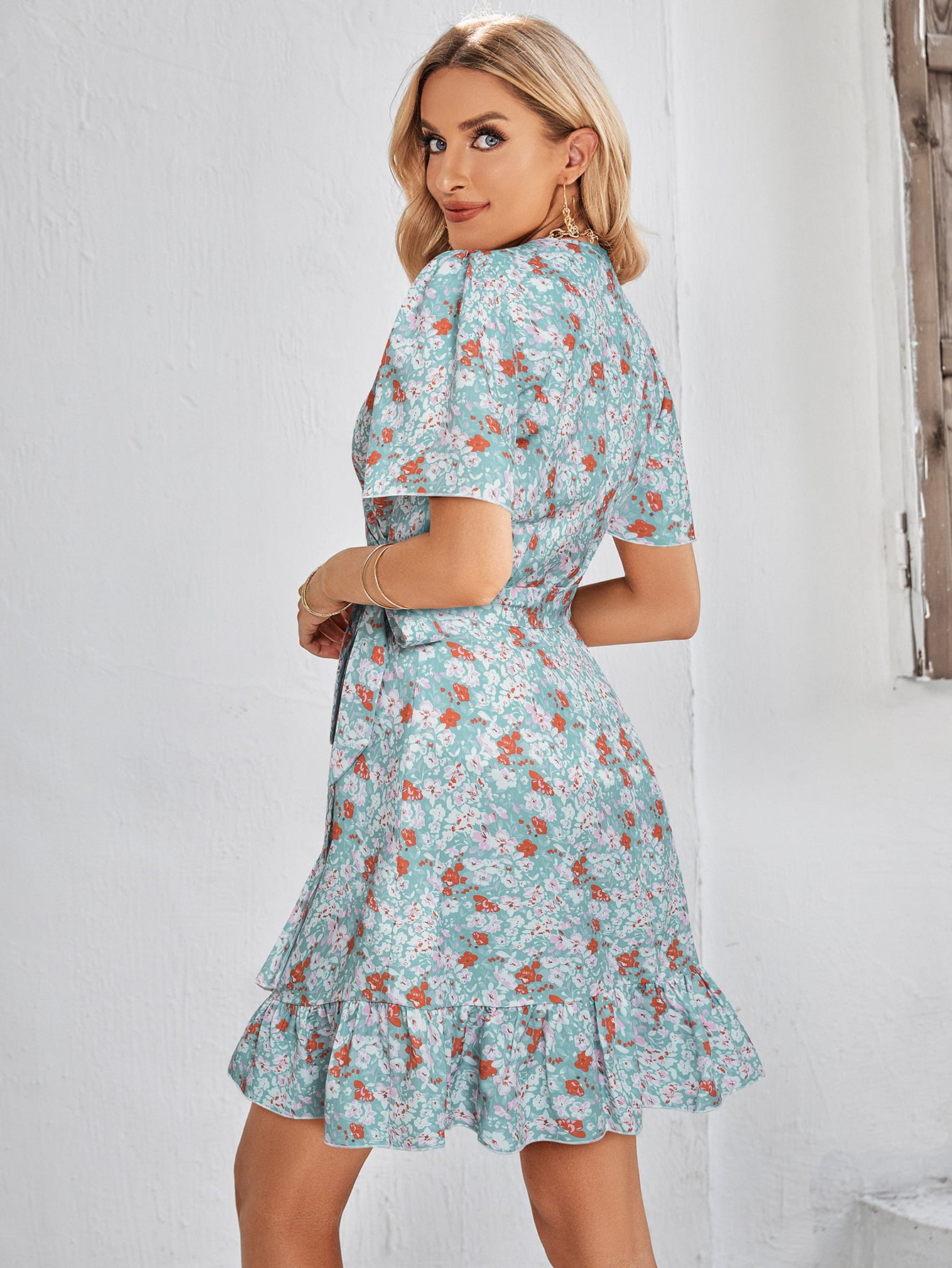 Women’s Floral Short Sleeve Ruffle Hem Dress