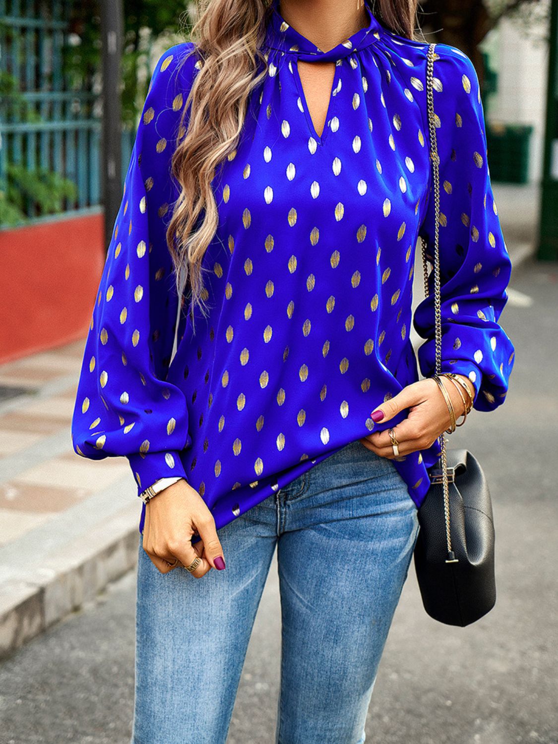 Women’s Mock Neck Cutout Lantern Sleeve Blouse