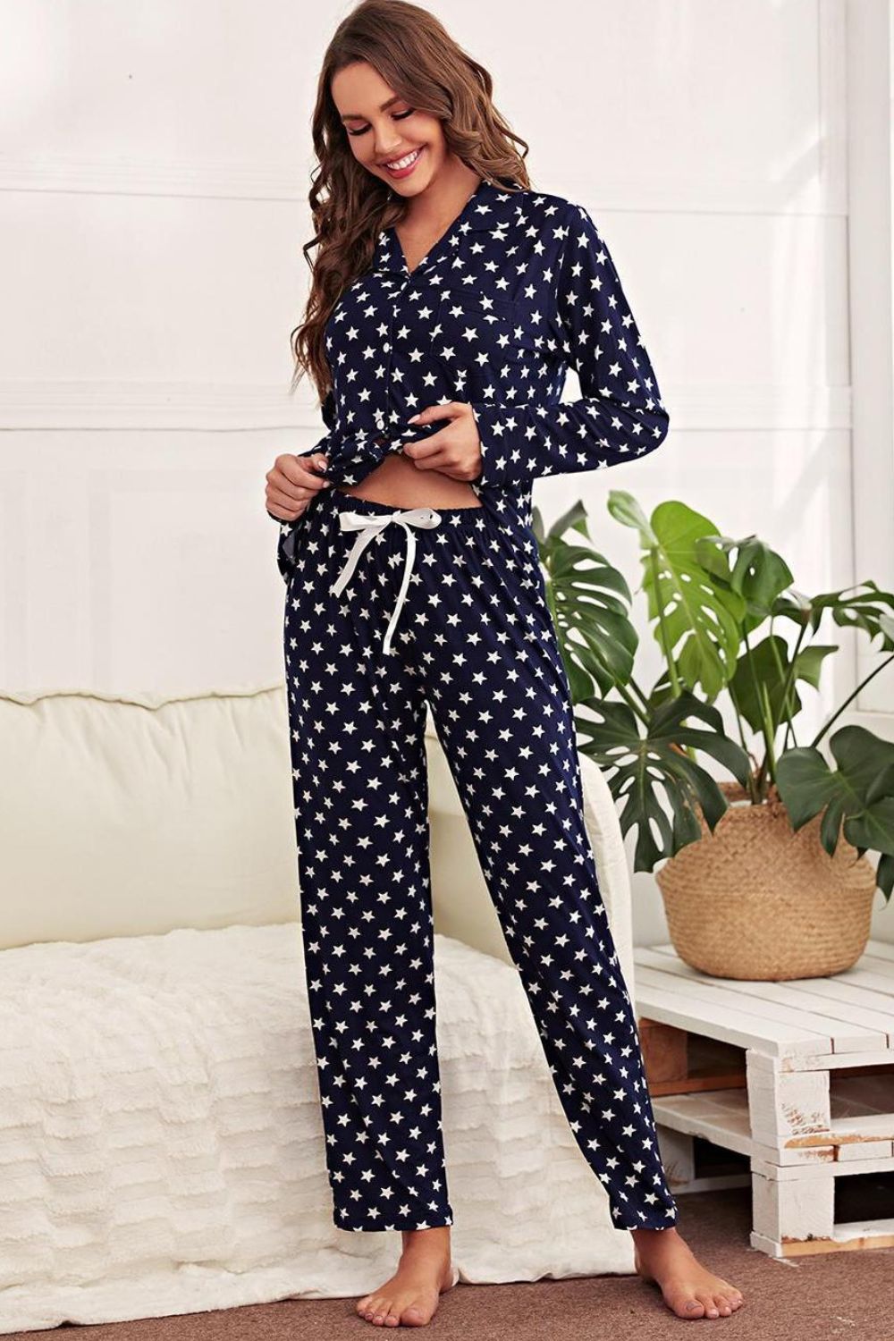 Women’s Star Print Button-Up Shirt and Pants Lounge Set