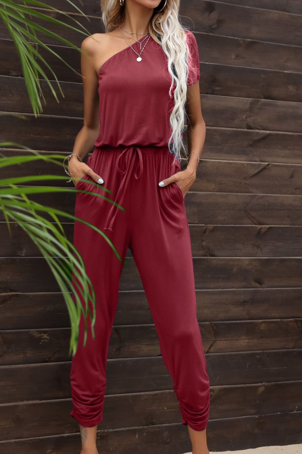 Women’s Drawstring Waist One-Shoulder Jumpsuit with Pockets