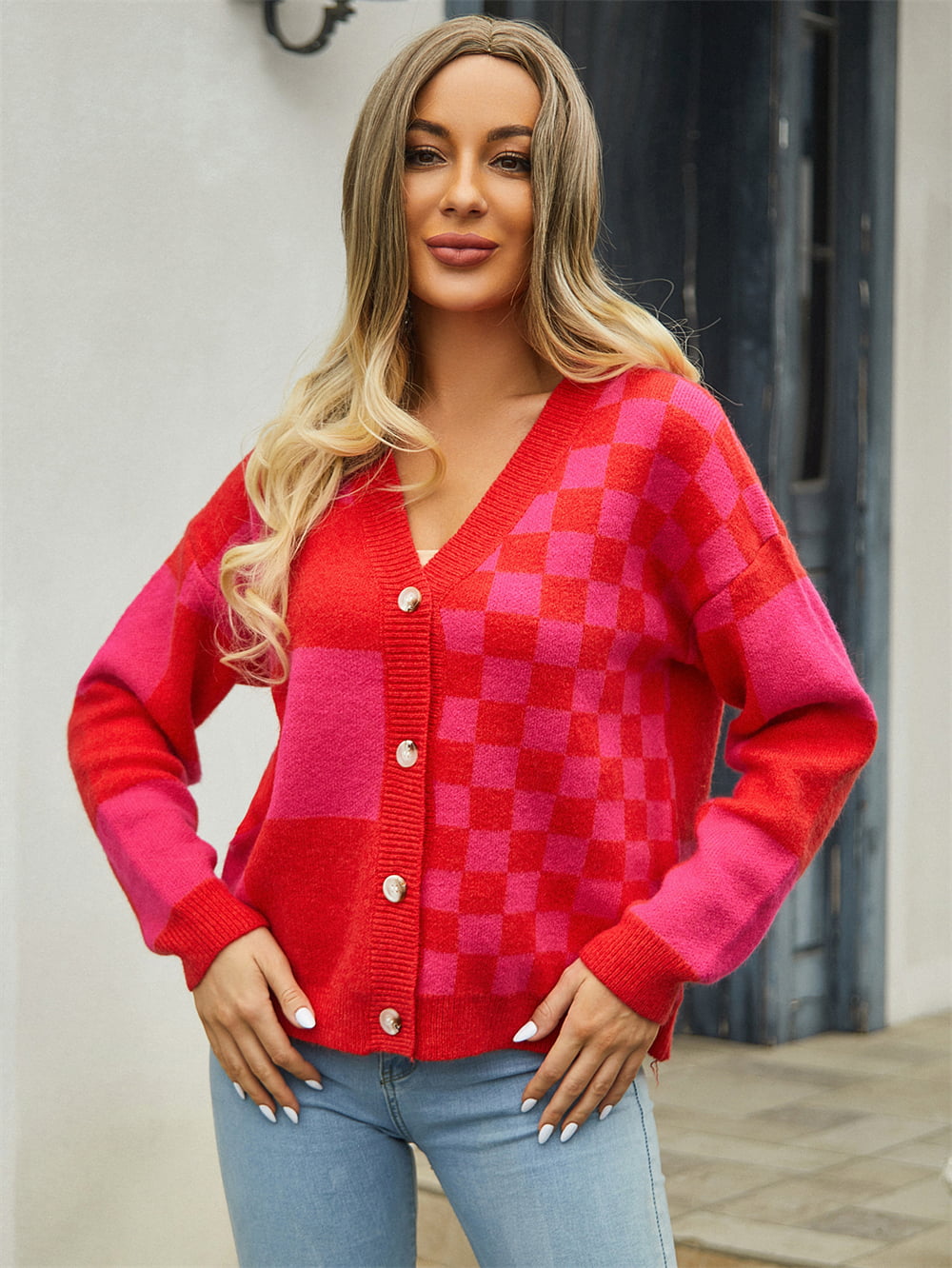 Women’s Plaid V-Neck Dropped Shoulder Cardigan