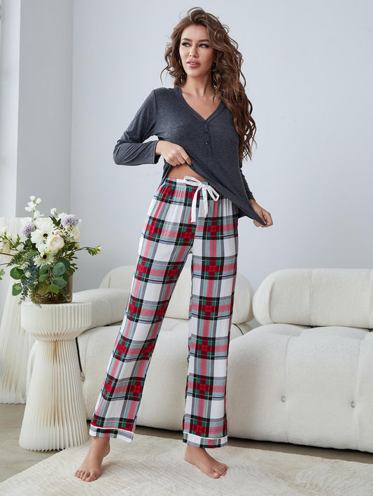 Women’s Buttoned Long Sleeve Top and Plaid Pants Lounge Set