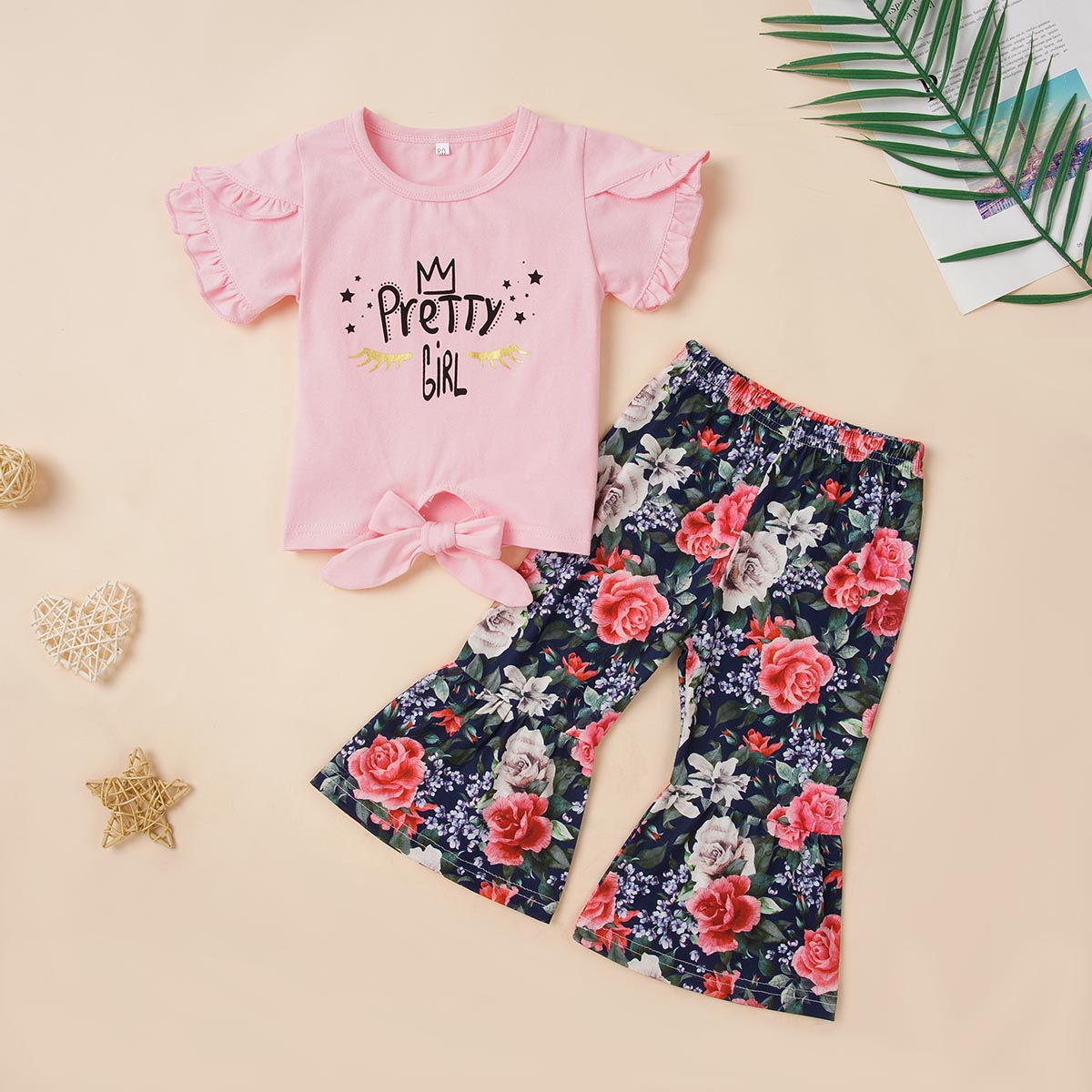 Children’s Girls Round Neck PRETTY GIRL Graphic T-Shirt and Floral Print Pants Set