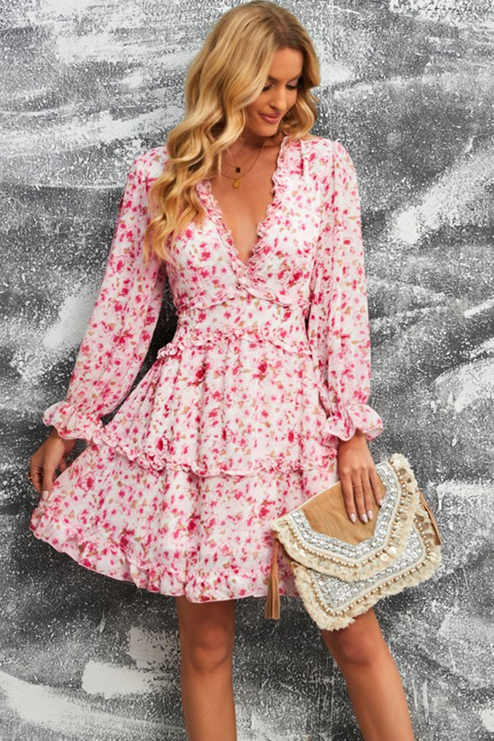 Women’s Floral Frill Trim Plunge Flounce Sleeve Dress