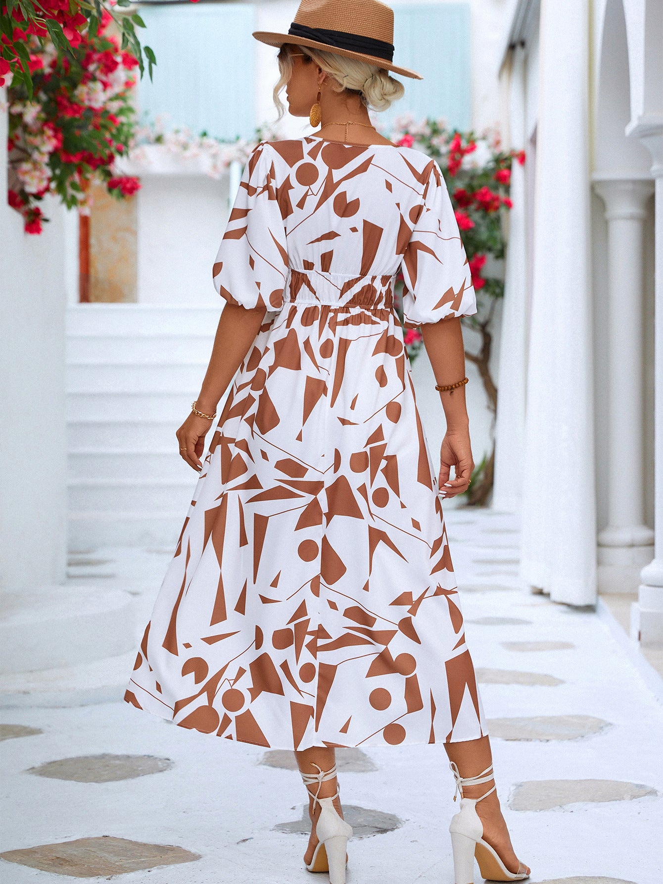 Women’s Printed Surplice Balloon Sleeve Dress