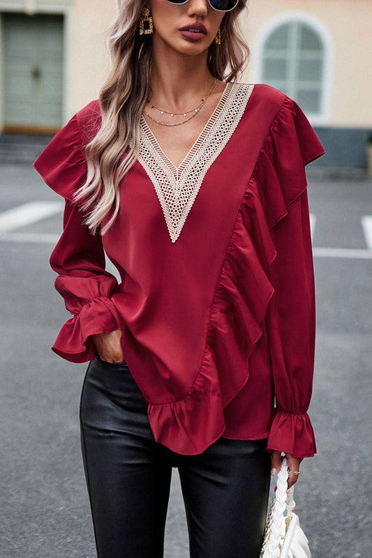 Women’s V-Neck Flounce Sleeve Ruffle Trim Blouse