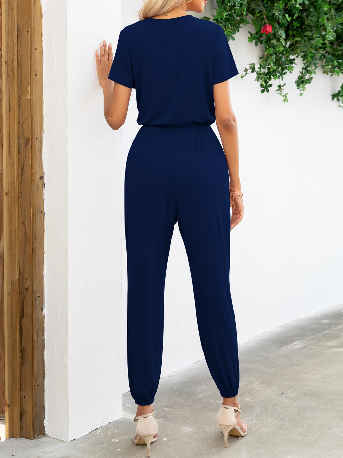 Women’s Short Sleeve V-Neck Jumpsuit with Pockets