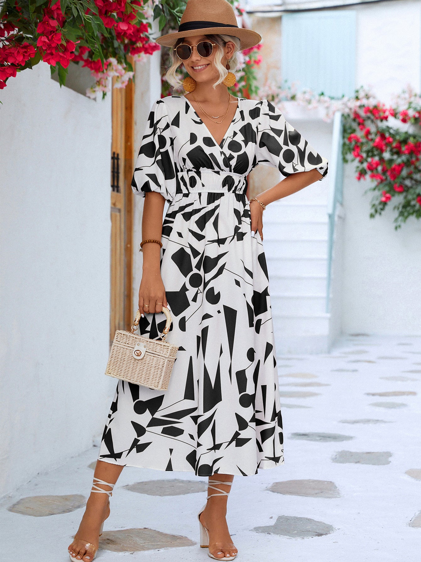 Women’s Printed Surplice Balloon Sleeve Dress