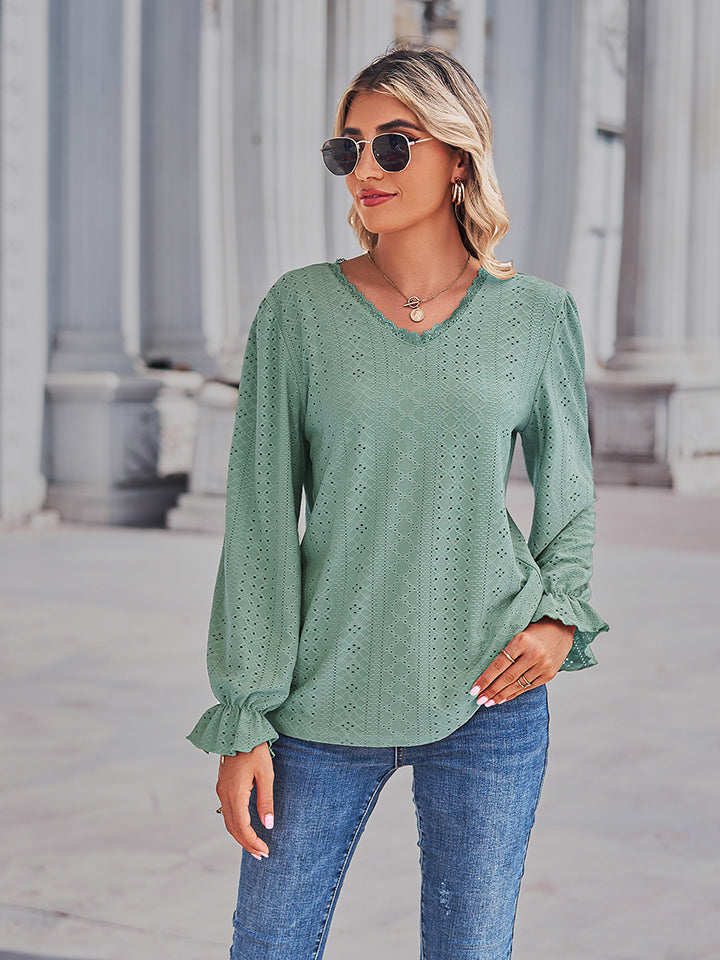 Women’s Eyelet V-Neck Flounce Sleeve Blouse