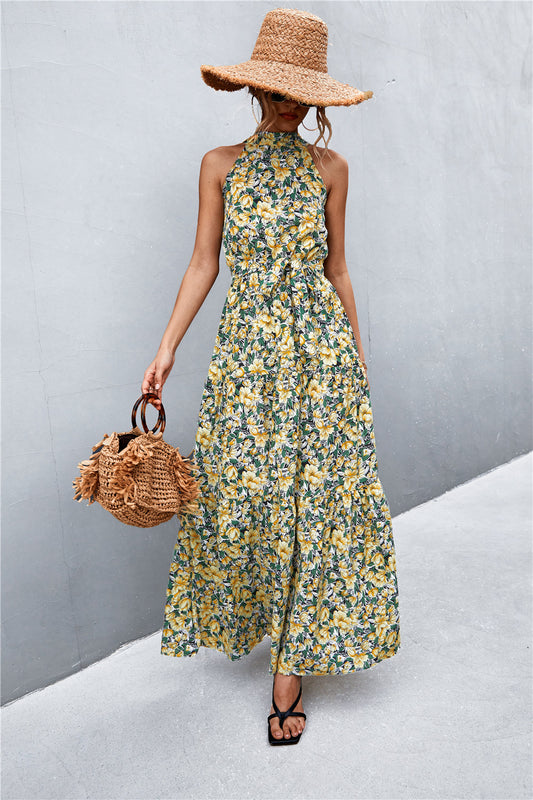 Women’s Printed Sleeveless Tie Waist Maxi Dress