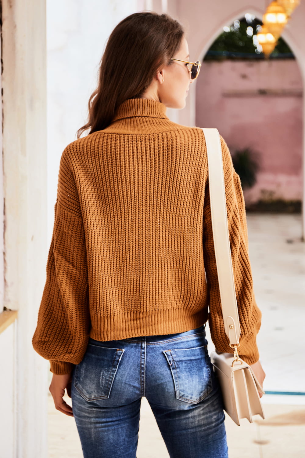 Women’s Turtleneck Dropped Shoulder Rib-Knit Sweater