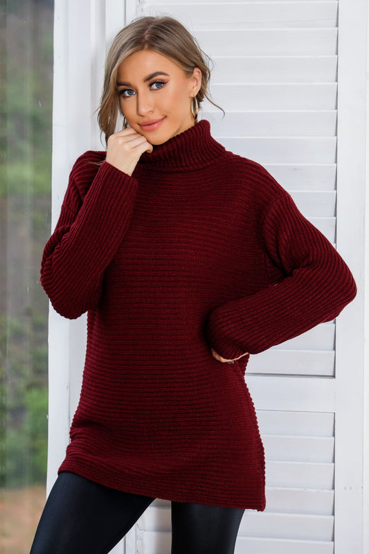 Women’s Horizontal Ribbing Turtleneck Tunic Sweater