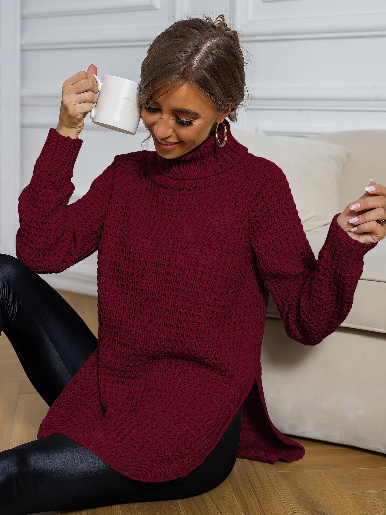 Women’s Waffle-Knit Turtle Neck Long Sleeve Sweater Pullover