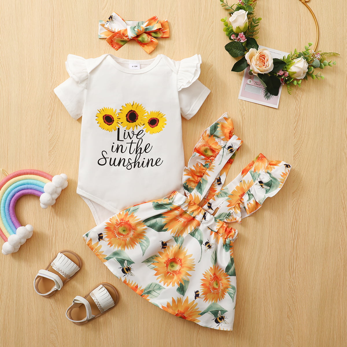 Children’s Girls Graphic Bodysuit and Sunflower Overall Skirt Set