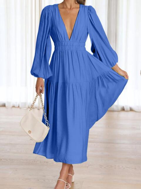 Women’s Deep V-Neck Balloon Sleeve Plain Maxi Dress
