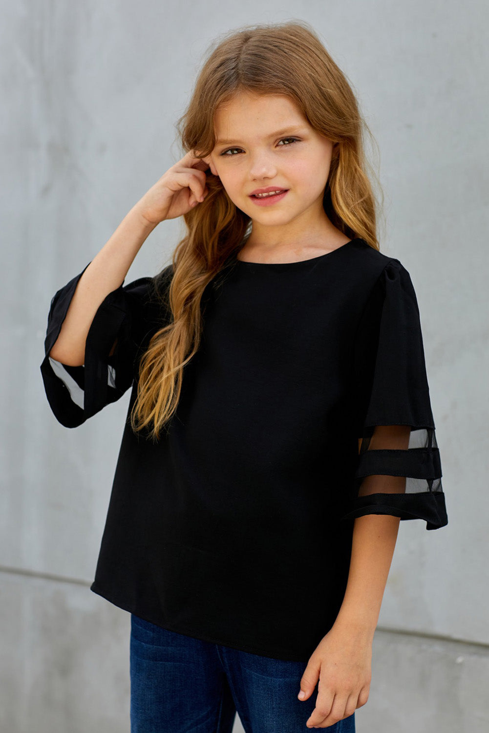 Children’s Girls Sheer Striped Flare Sleeve Tee Shirt