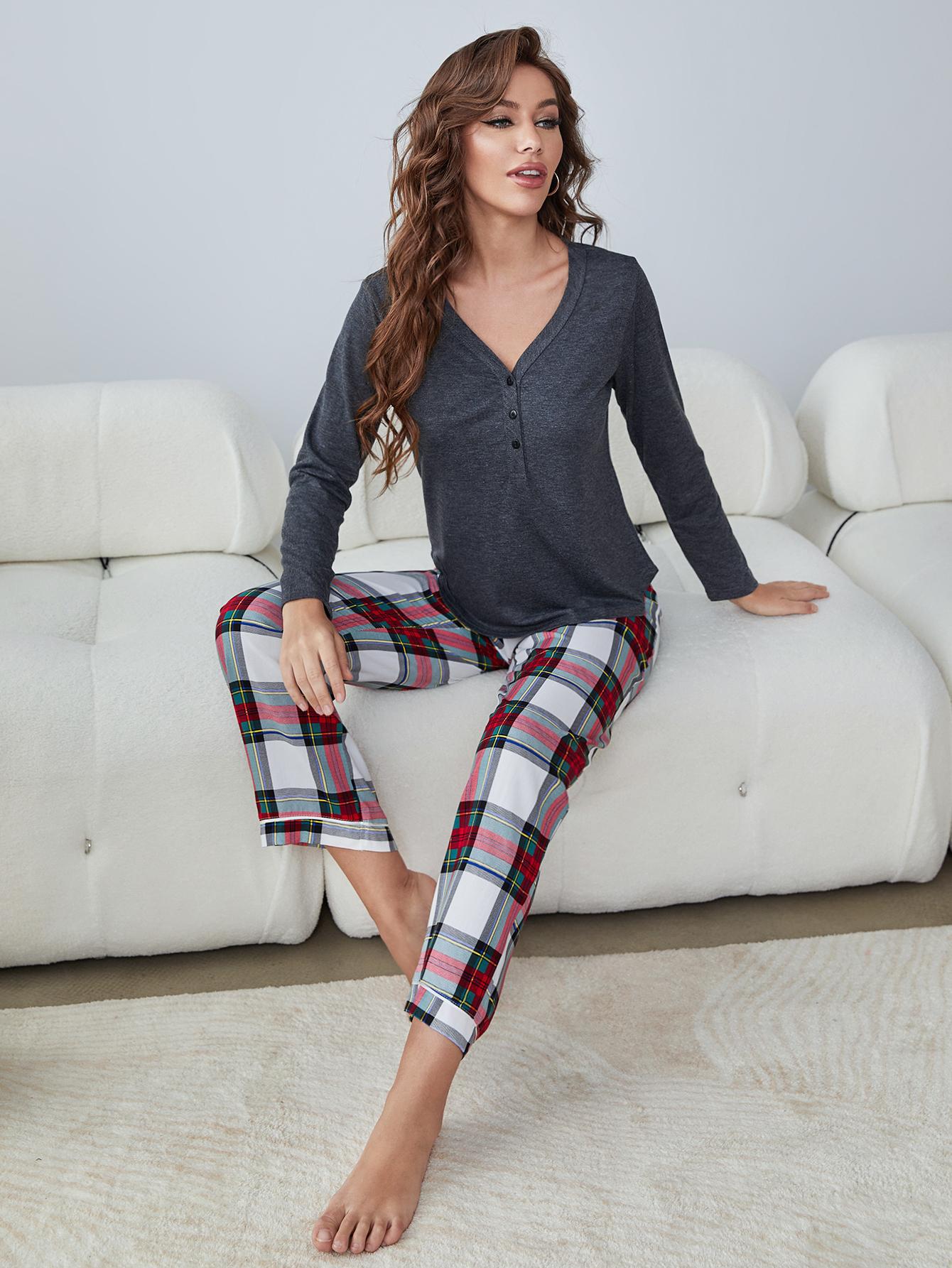 Women’s Buttoned Long Sleeve Top and Plaid Pants Lounge Set
