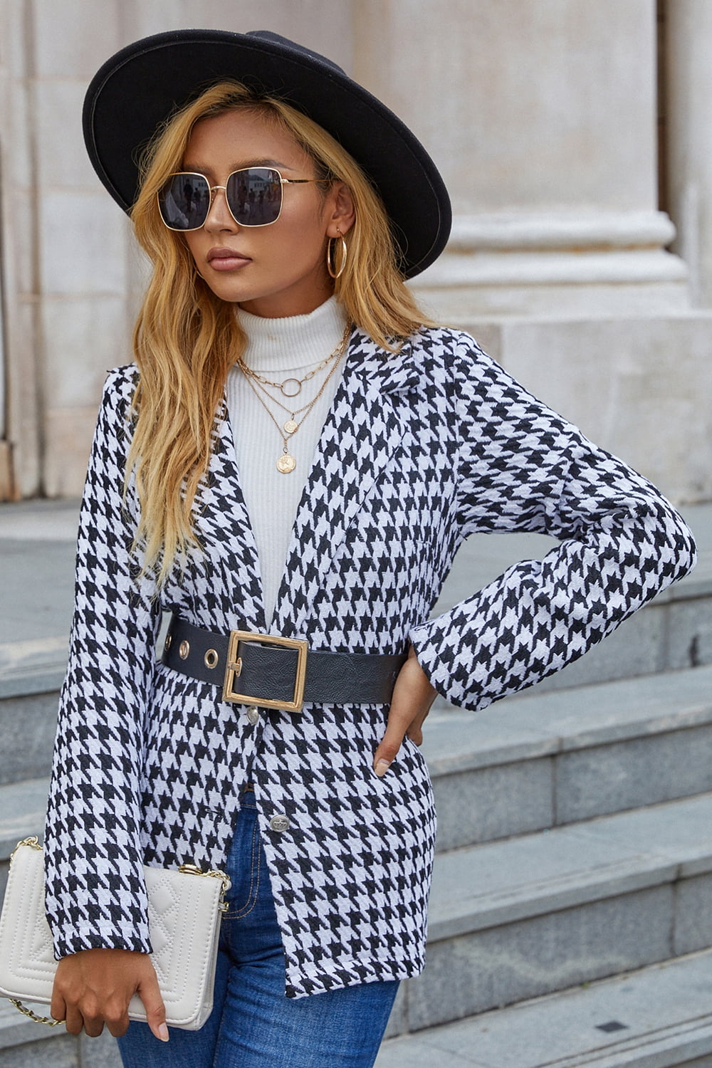 Women’s Houndstooth Lapel Collar Long Sleeve Blazer