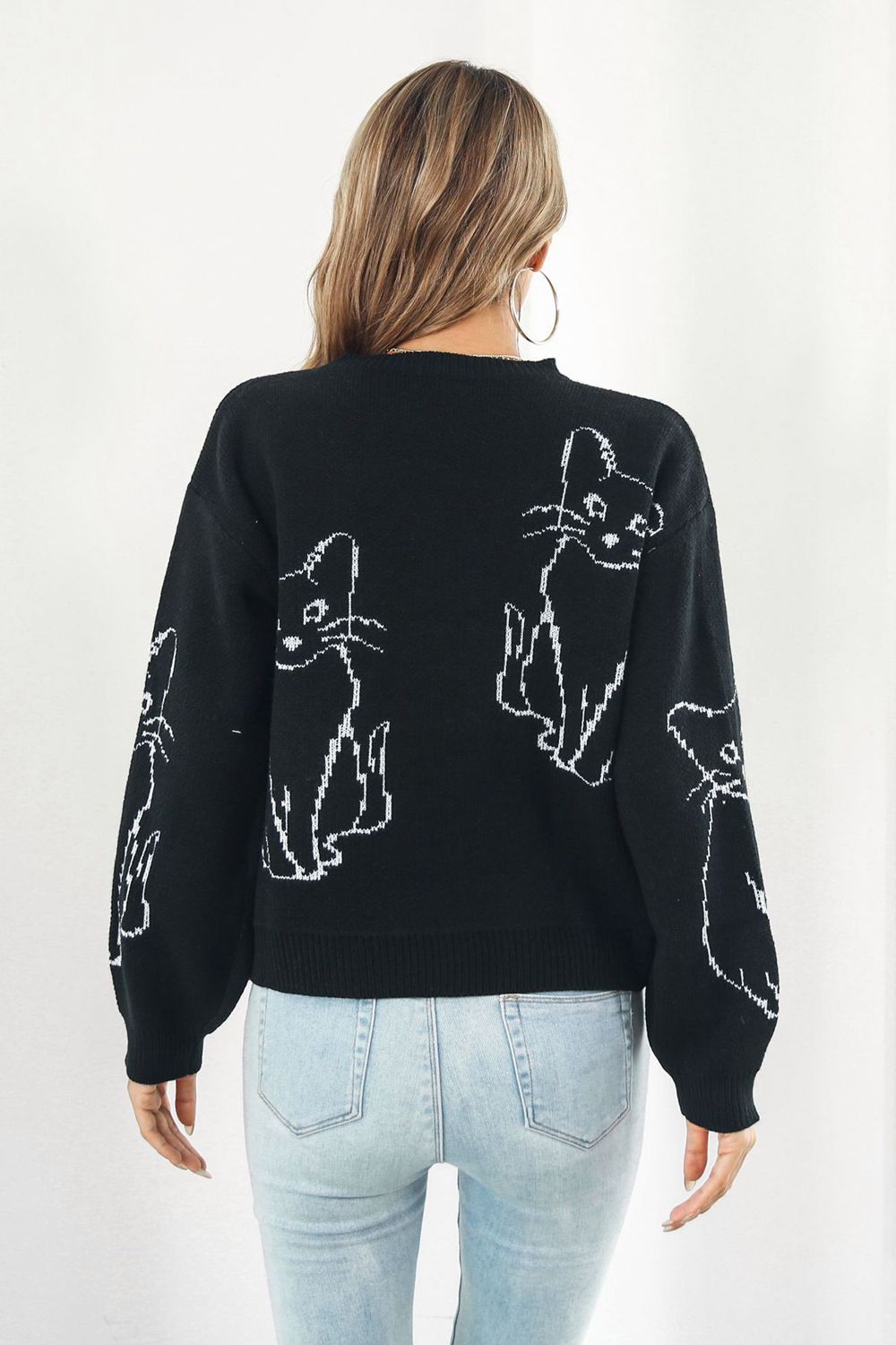 Women’s Cat Pattern Round Neck Long Sleeve Pullover Sweater