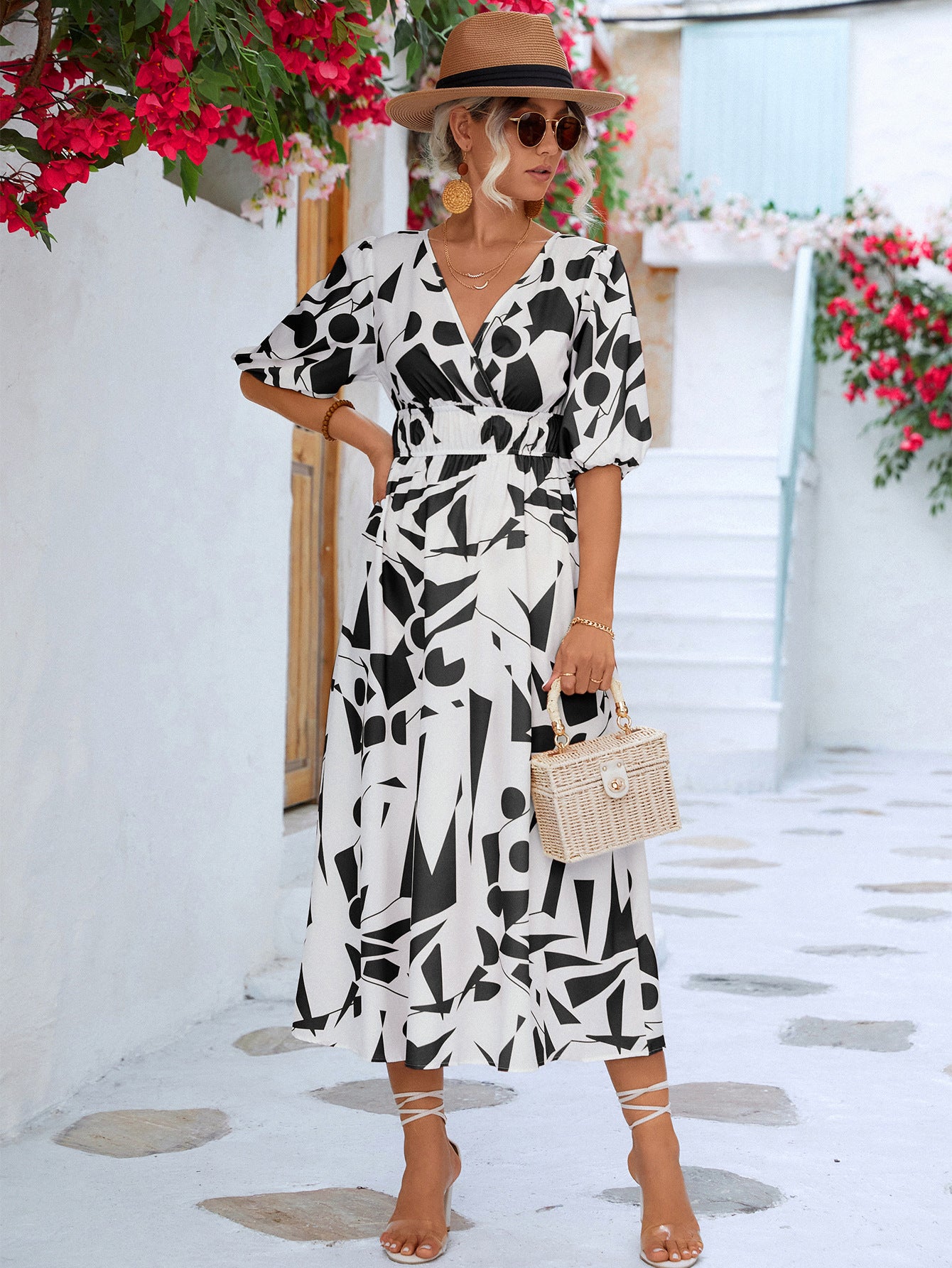 Women’s Printed Surplice Balloon Sleeve Dress