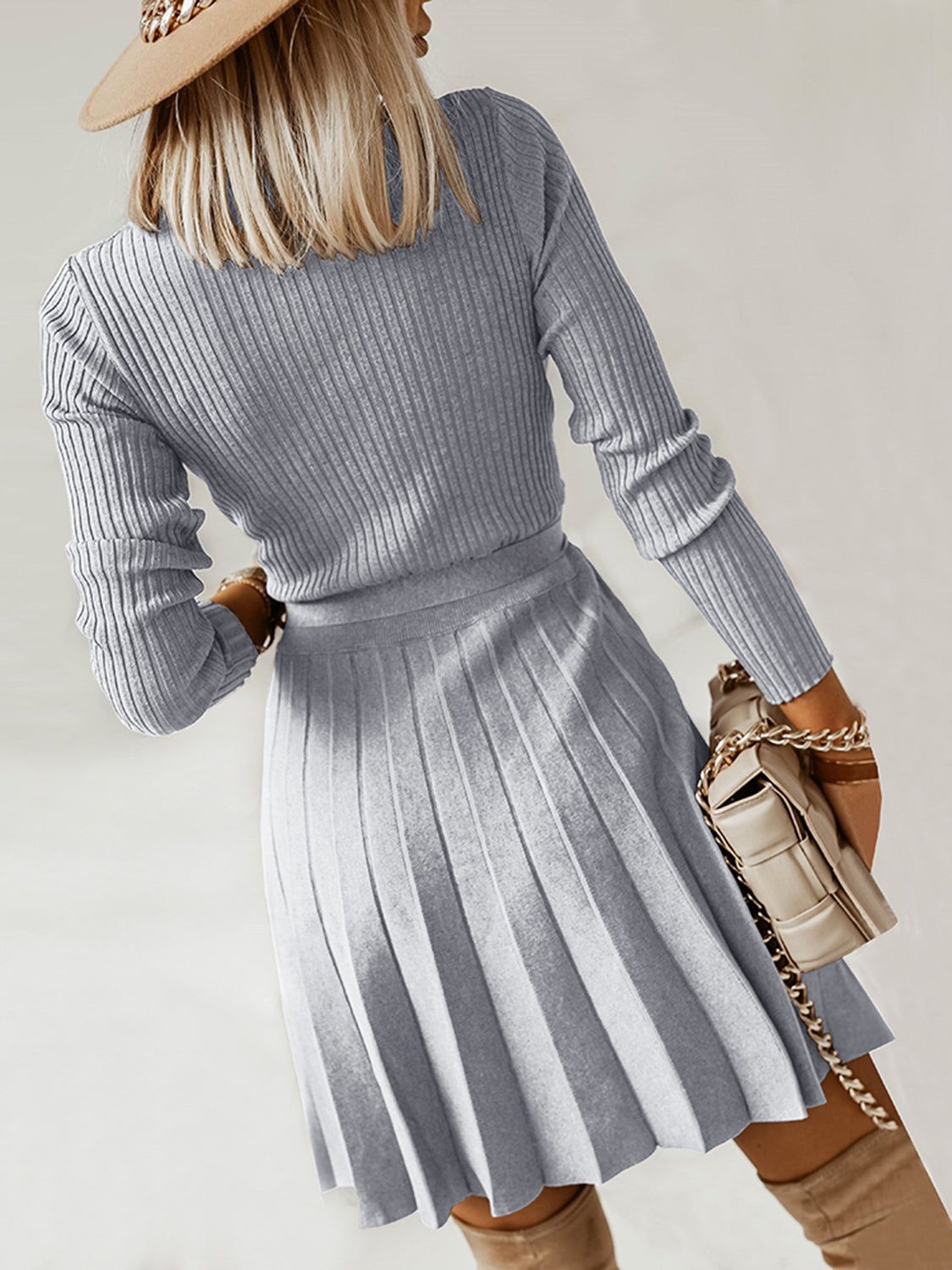 Women’s Surplice Neck Tie Front Pleated Sweater Dress