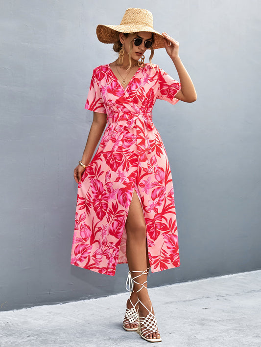 Women’s Floral Print High Slit Surplice Neck Tie Waist Midi Dress