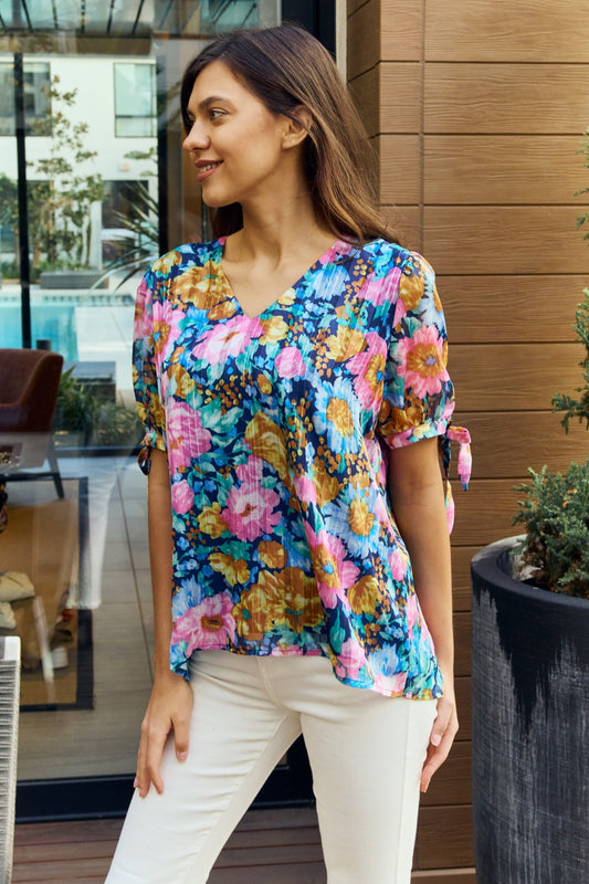 Women’s Petal Dew Full Size Floral V-Neck Tie Detail Blouse