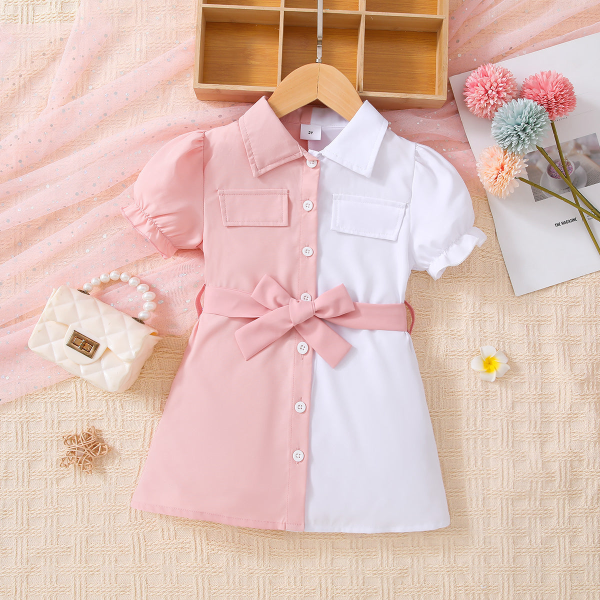 Children’s Girls Two-Tone Belted Shirt Dress