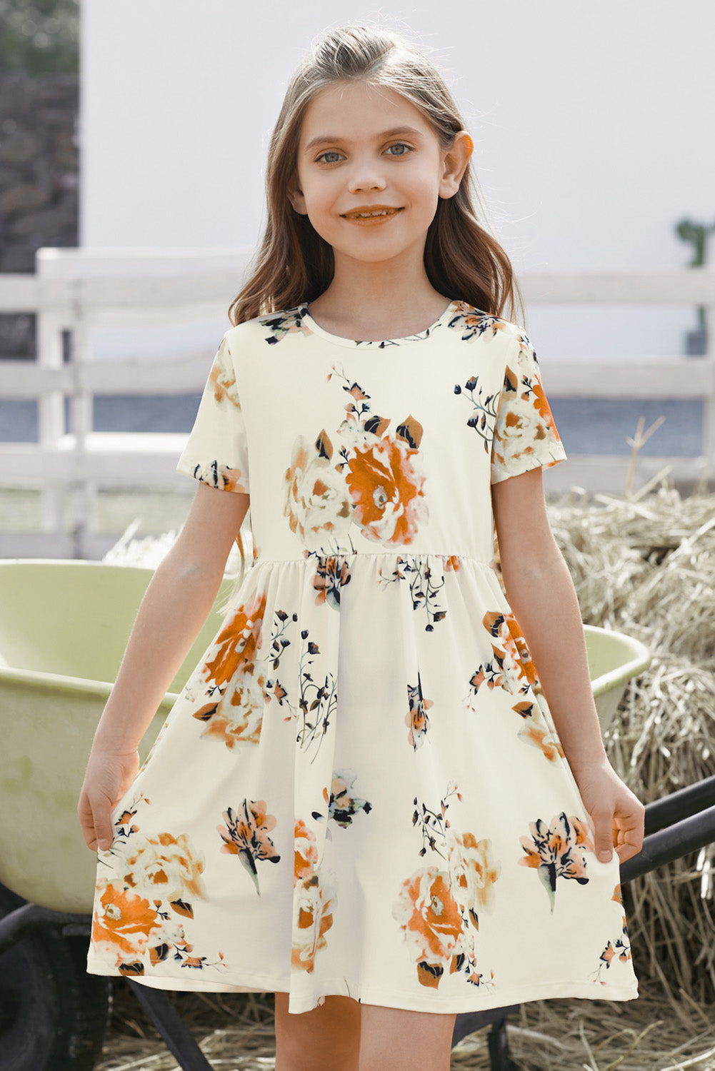 Children’s Girls Floral Short Sleeve Round Neck Dress