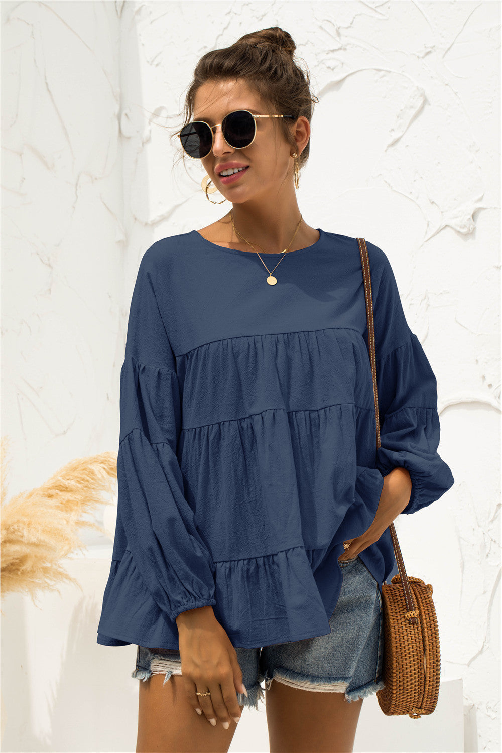 Women’s Round Neck Bubble Sleeve Tiered Blouse