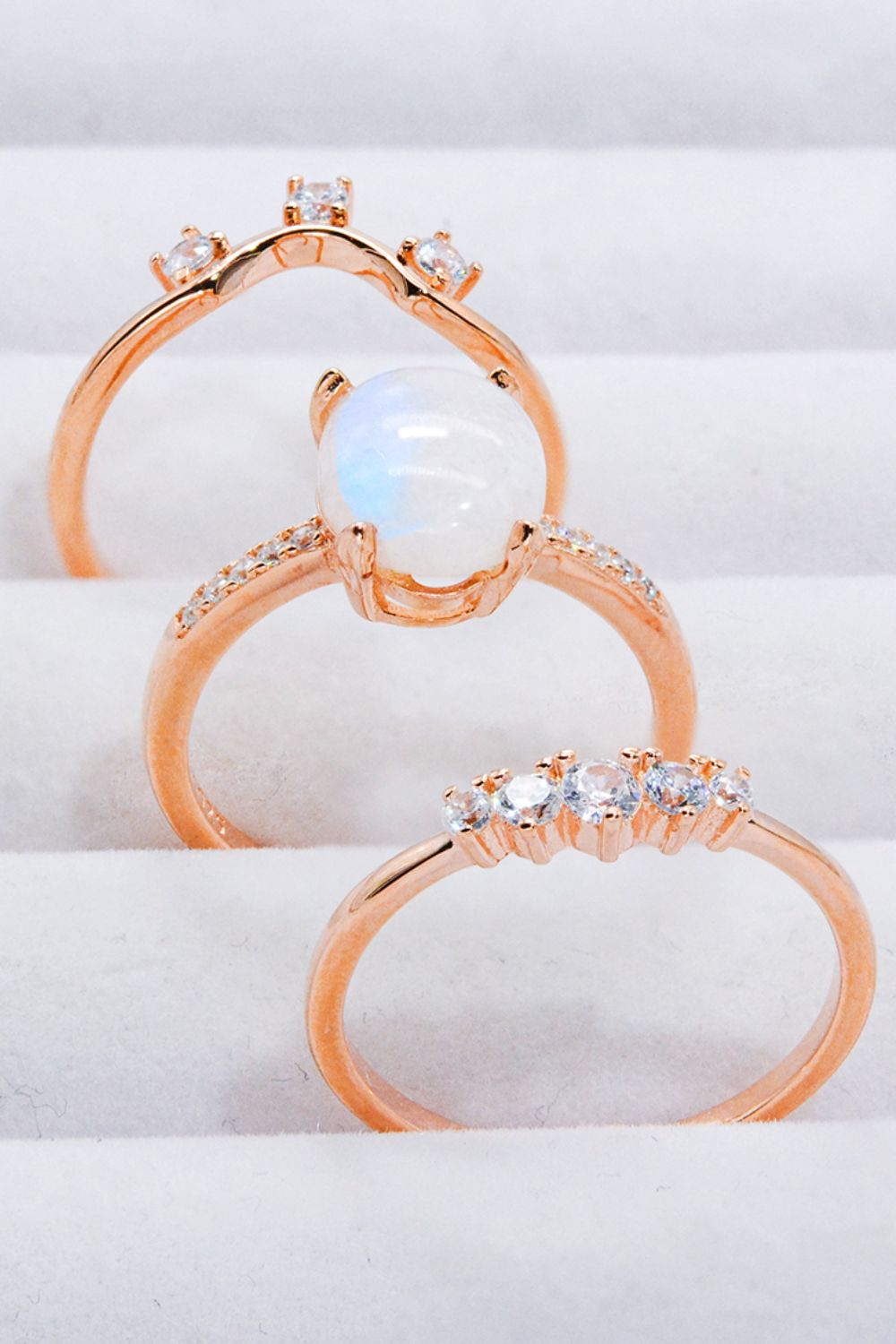 Women’s Natural Moonstone and Zircon Three-Piece Ring Set