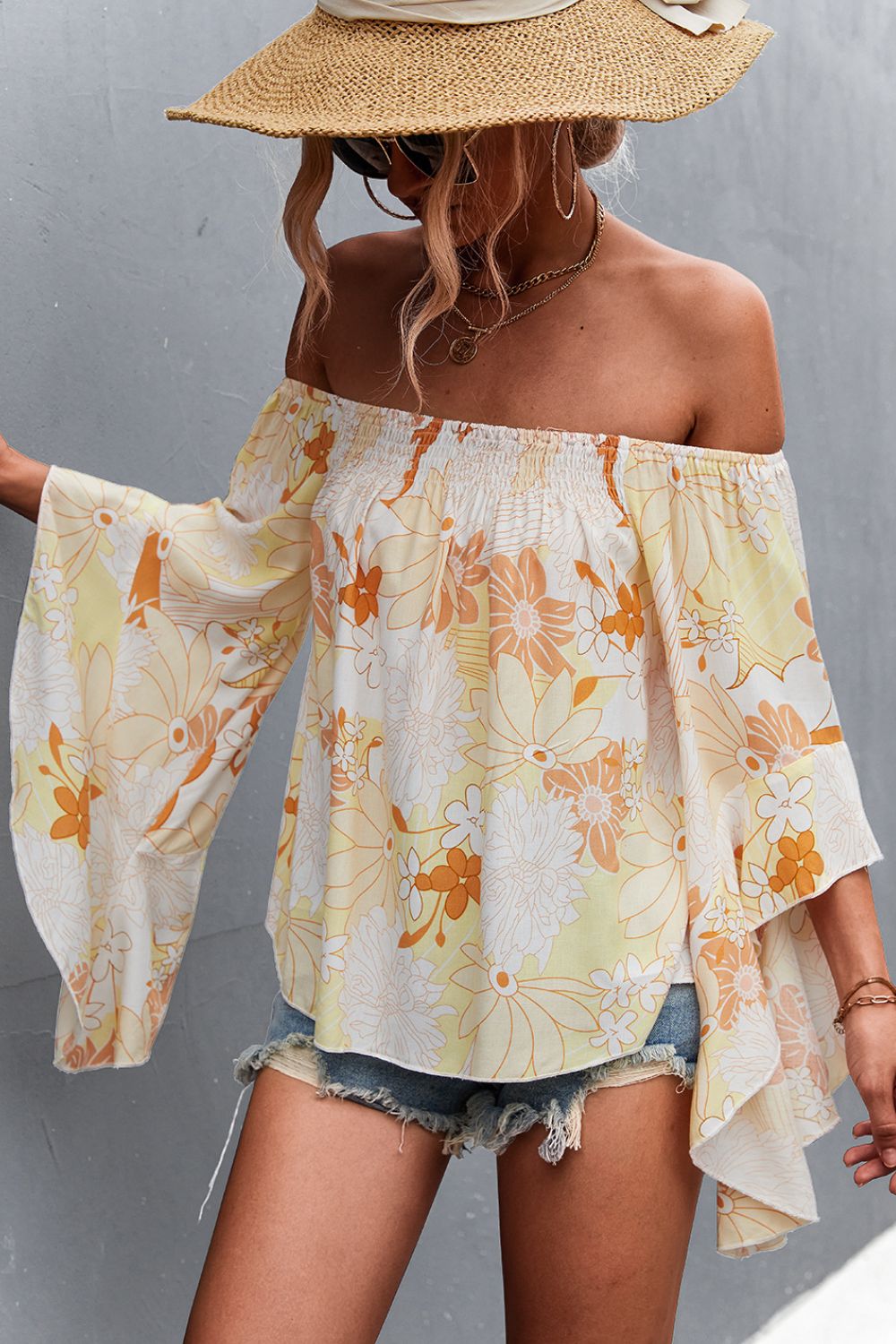 Women’s Floral Bell Sleeve Off-Shoulder Blouse