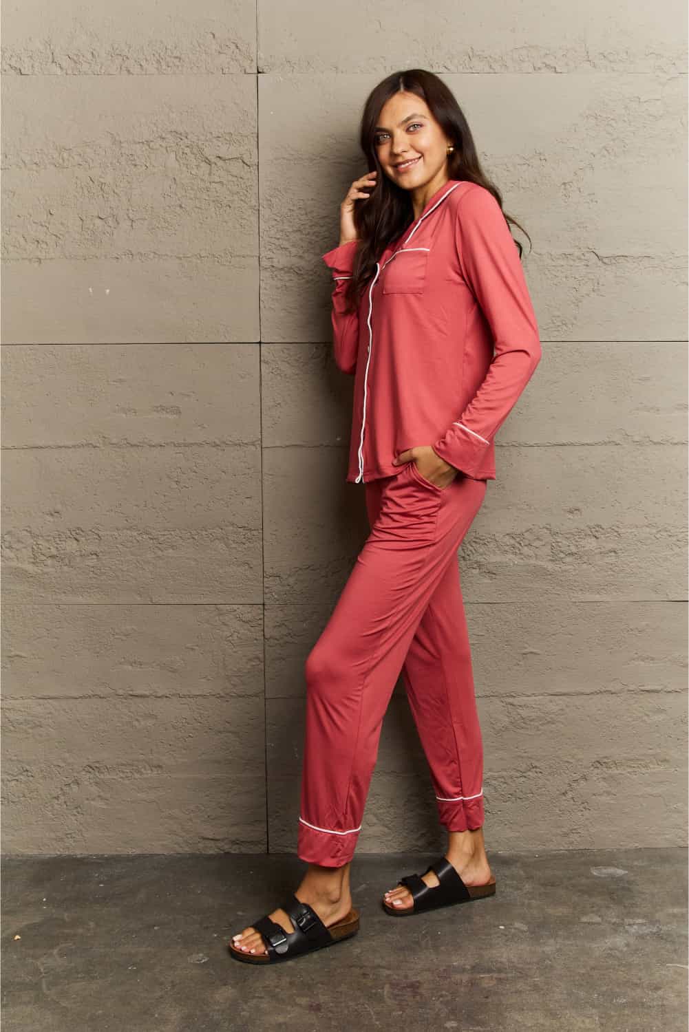 Women’s Ninexis Buttoned Collared Neck Top and Pants Pajama Set