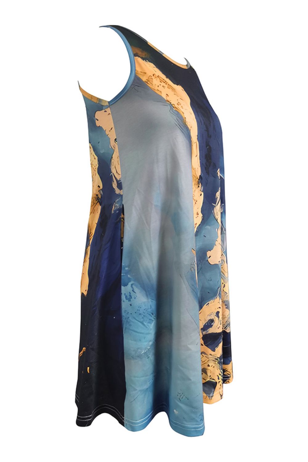 Women’s Abstract Print Round Neck Sleeveless Dress with Pockets