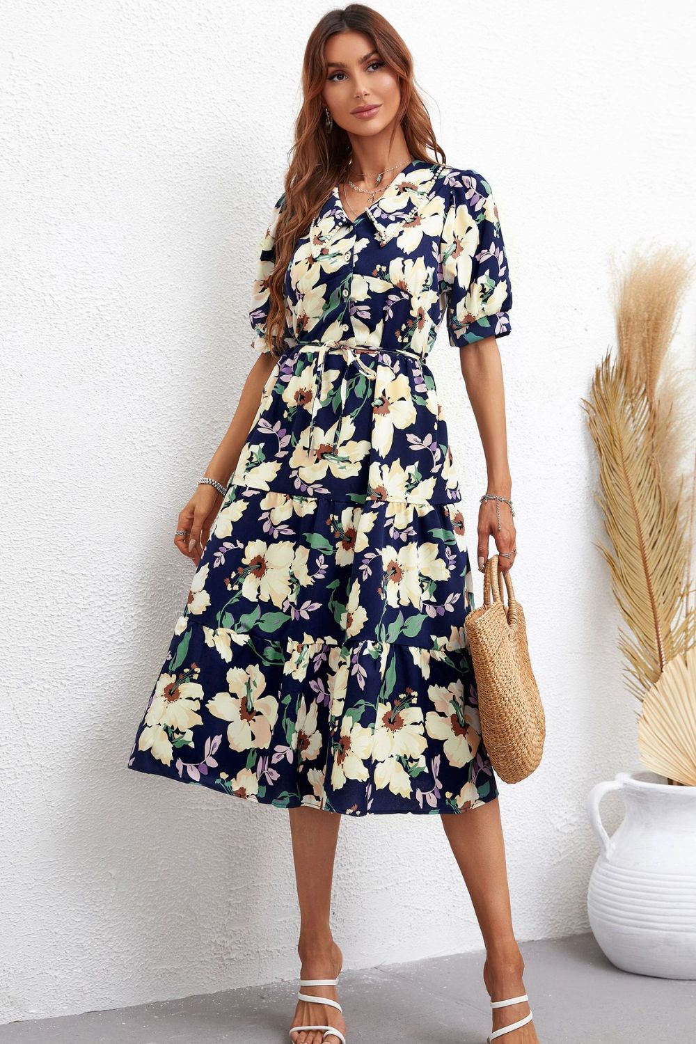 Women’s Floral Collared Neck Tiered Midi Dress