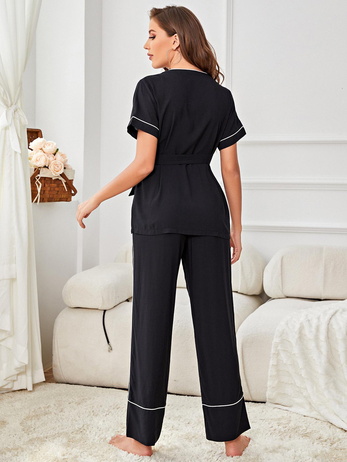 Women’s Contrast Piping Belted Top and Pants Pajama Set