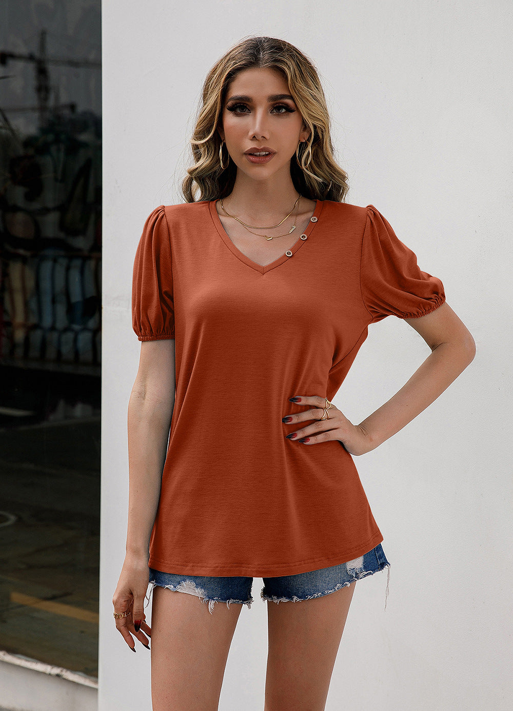 Women’s V-Neck Decorative Buttons Puff Sleeve Tee