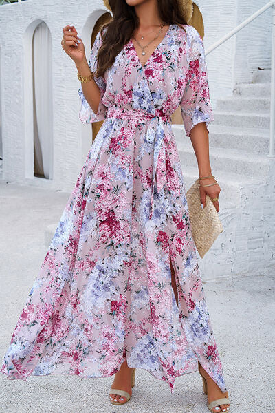 Women’s Printed Tied Half Sleeve Slit Dress