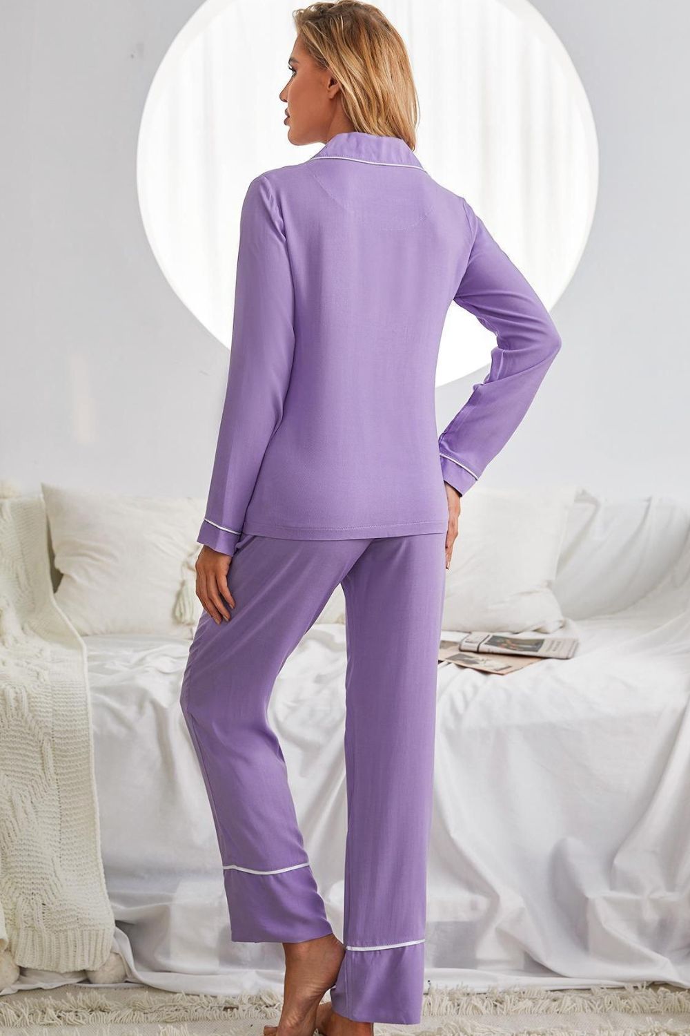 Women’s Contrast Lapel Collar Shirt and Pants Pajama Set with Pockets