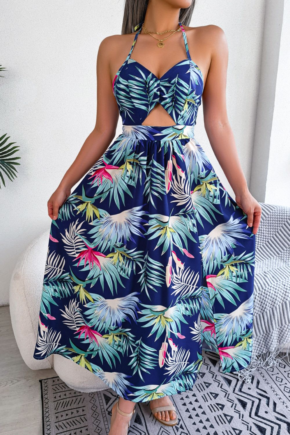 Women’s Botanical Print Tied Backless Cutout Slit Dress