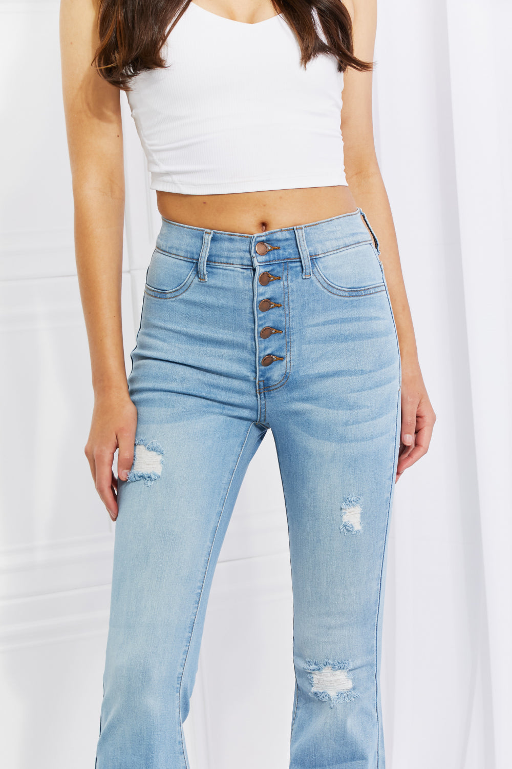 Women’s Vibrant MIU Full Size Jess Button Flare Jeans